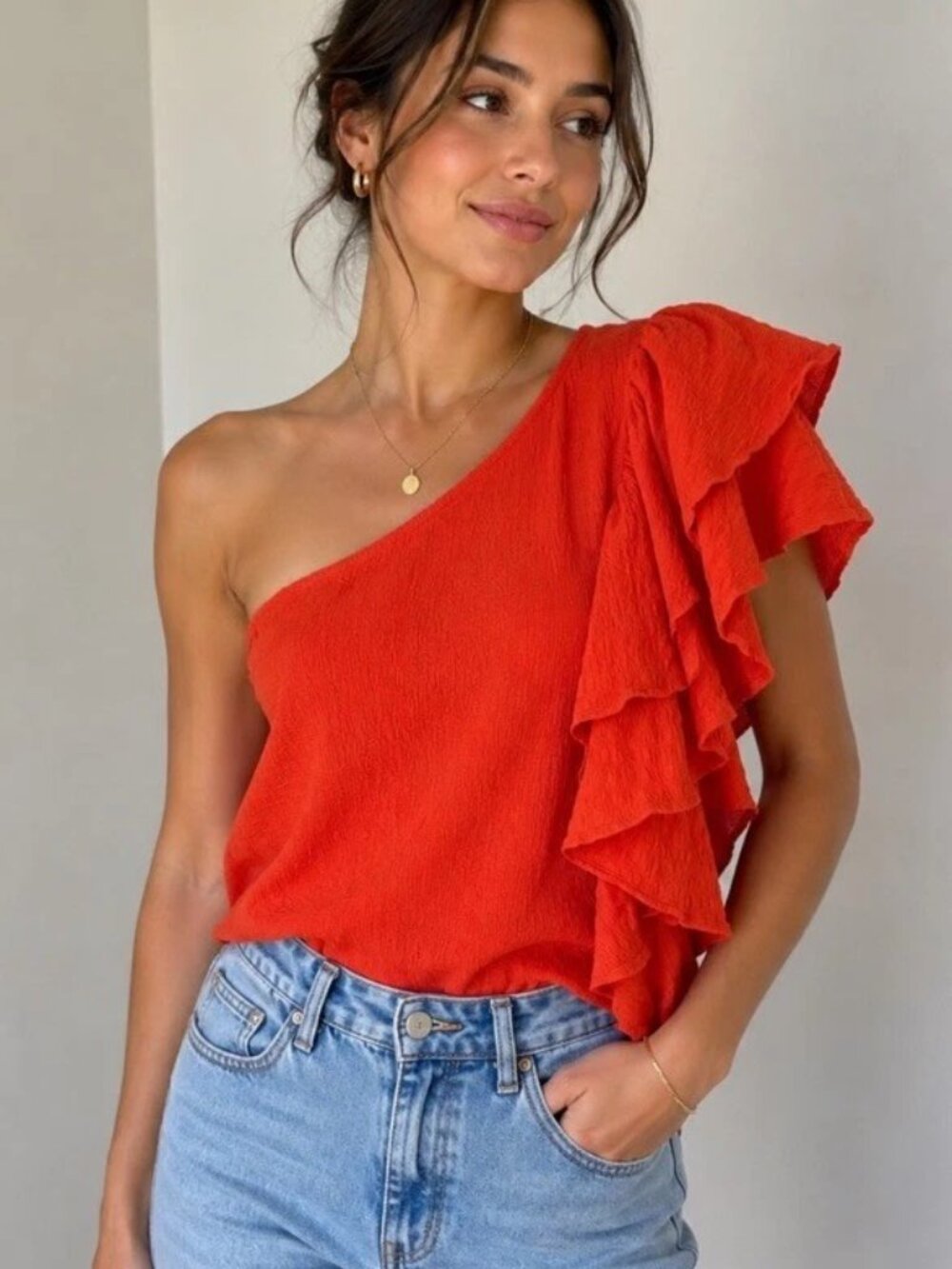 By Anthropologie One Shoulder Ruffle Top Orange/Red in Sz XL